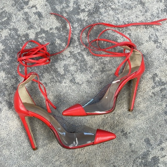 Brother Vellies De Fleur Ankle Tie Pointed Toe Pumps Red Orange PVC Sz 6 - Picture 15 of 15